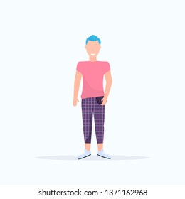 happy casual man with blue hair standing pose smiling guy wearing trendy clothes holding handbag male cartoon character full length flat white background
