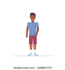 happy casual man standing pose smiling african american guy wearing shorts and t-shirt male cartoon character full length flat white background