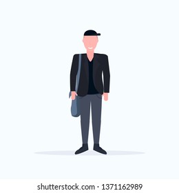 happy casual man standing pose smiling guy wearing trendy formal clothes holding handbag male cartoon character full length flat white background