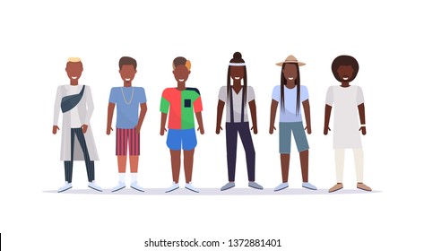 happy casual men standing together smiling african american guys with different hairstyles wearing trendy clothes male cartoon characters full length flat white background horizontal