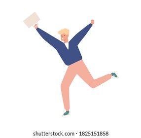 Happy casual teen carrying briefcase running vector flat illustration. Joyful male student hurry or haste with raising hands isolated on white. Smiling modern teenager rush to college or school