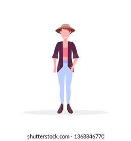happy casual woman standing pose smiling lady wearing hat female cartoon character full length flat white background