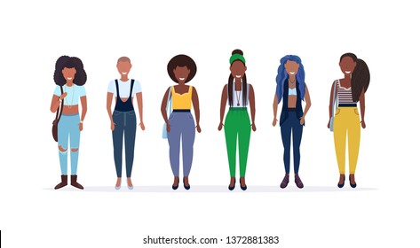 happy casual women standing together smiling african american ladies with different hairstyle female cartoon characters full length flat white background horizontal