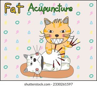 Happy cat acupunctue for reduce fat or weight loss cartoon vector  doodle art design