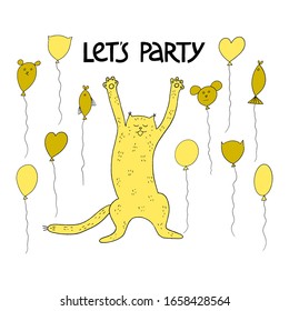 Happy cat with balloons and hand drawn lettering - Let's party