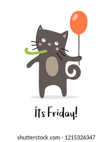 Happy cat with big orange balloon. Party time happy birthday illustration greeting card