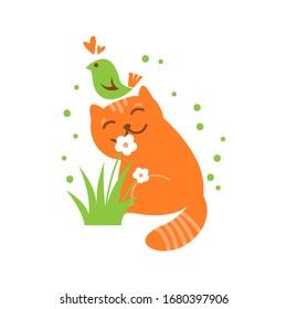 Happy cat and bird. Vector illustration. Flat design elements for greeting card, banner, leaflet, poster.