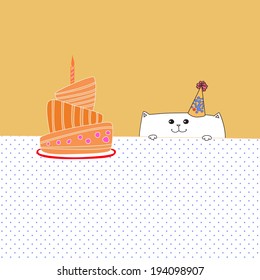 Happy cat with a birthday cake. Vector