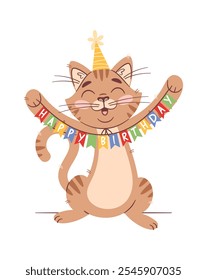 Happy cat with birthday garland