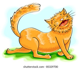 happy cat with bright red hair is on the grass against the sky, smiles broadly