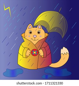 Happy cat with brown eyes in the yellow coat and umbrella, dark rainy background with lightning . Ginger kitty cartoon.