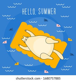 Happy cat card background. Funny fat cat floating in the sea . Childish art for design veterinary clinic poster, birthday gift card, kids party invitation, shop sale or t shirt print, bag cover etc. 
