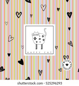 Happy cat card - seamless pattern included. 