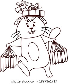 happy cat carries bags and gifts on his head coloring book on transparent background