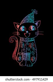 Happy cat cartoon celebrating birthday. Sketchy style.