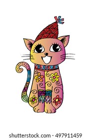 Happy cat cartoon celebrating birthday. Sketchy style.