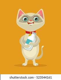 Happy cat character hold milk bottle. Vector flat cartoon illustration