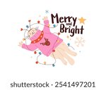 Happy cat in Christmas sweater lying with Xmas garland. New year kitten plays. Winter holiday congratulation phrase on sticker with cute kitty. Flat isolated vector illustration on white background