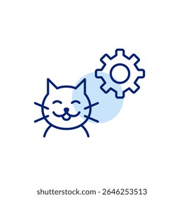 Happy cat and cogwheel. Pet care settings, animal health monitoring, smart pet device configuration, automated feeding control, pet activity tracking. Pixel perfect, editable stroke vector icon
