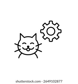Happy cat and cogwheel. Pet care settings, animal health monitoring, smart pet device configuration, automated feeding control, pet activity tracking. Pixel perfect, editable stroke vector icon