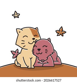 Happy Cat Couple Love Autumn Fall Season Cartoon