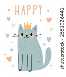 Happy Cat with Crown - Vector Illustration for Greeting Cards, Posters, and More