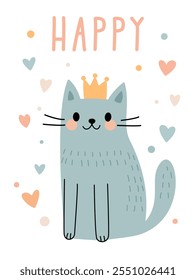 Gato feliz con la corona - Ilustración vectorial para tarjetas de felicitación, carteles y más