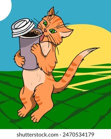 Happy cat with cup of coffee illustration.