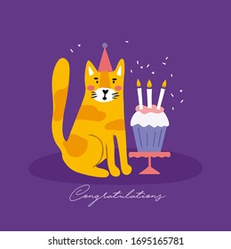 Happy cat with a cupcake. Congratulations. Cartoon style. Happy birthday. Greeting card,  invitation template. Vector  Handdrawn illustration.