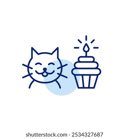 Happy cat and cupcake with lit candle. Pet birthday and treats. Pixel perfect vector icon