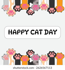 Happy Cat Day banner with colorful cat paws, festive pet celebration, cartoon style, vector illustration
