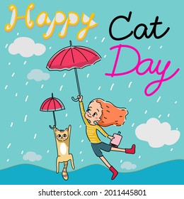 happy Cat day card. illustration of one girl with the book and one cat holding red umbrellas flying in the blue rainy sky with mountain view hand drawn cartoon vector with wording happy cat day.