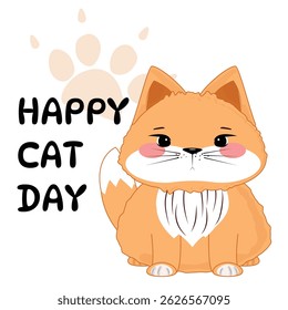 Happy Cat Day card with orange cat, pink cheeks, sitting pose, paw print, cartoon style, festive greeting
