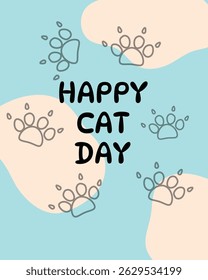 Happy Cat Day card with paw prints, blue and beige background, modern minimalist design, festive greeting