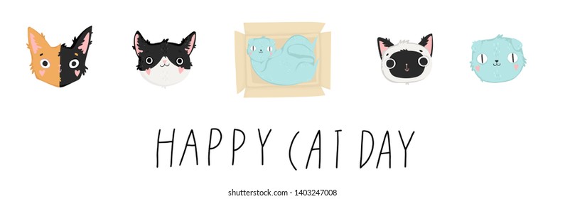 Happy cat day! Collection of cats illustrations, icons, avatars, banner