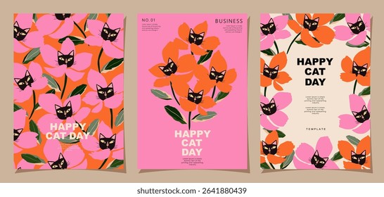 Happy cat day cover set. Cute cats and flowers design templates with flat color in floral patterns. Adorable pet vector illustration for posters, wall art, home decor and backgrounds.