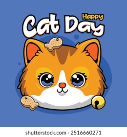 Happy Cat Day funny vector hand drawn cartoon illustration for sticker, badge, patch, banner, greeting card, invitation