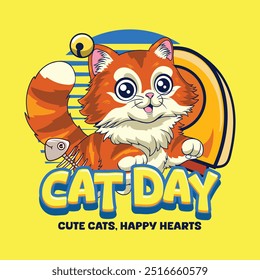 Happy Cat Day funny vector hand drawn cartoon illustration for sticker, badge, patch, banner, greeting card, invitation