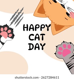 Happy Cat Day greeting with orange cat, pink cheeks, cartoon paws, and scratch marks, playful vector art