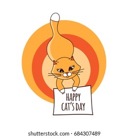 Happy Cat Day illustration vector. Sunny cute cartoon kitten character. Print for greeting card, pet birthday invitation, poster, baby t-shirt, wallpaper or banner.