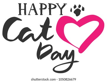 Happy cat day text. Heart shape and cat footprint. Isolated on white vector illustration