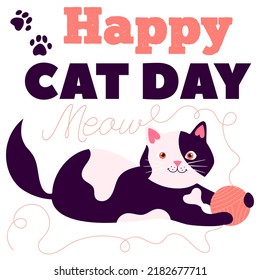 Happy Cat Day vector illustration isolated on white background with cute cat playing with yarn