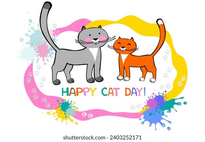 Happy Cat Day! World Cat Day. International Cat Day. Holiday concept. Template for background, Web banner, card, for scrapbooking, postcards, posters, invitation cards, t-shirt with text inscription