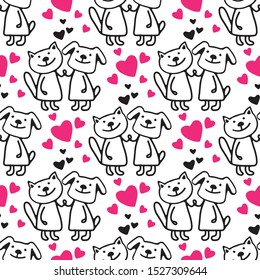 Happy cat and dog on white background. Doodle style. Vector illustration. Hand drawn style. Seamless pattern for  wallpaper, wrapping paper, fabric or banner.