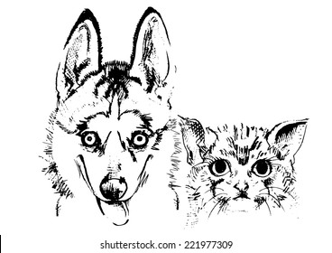 Happy Cat and dog sketch vector isolates.