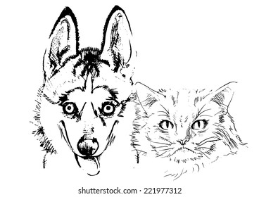 Happy Cat and dog sketch vector isolates.