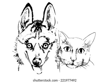 Happy Cat and dog sketch vector isolates.