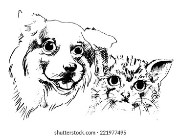 Happy Cat and dog sketch vector isolates.