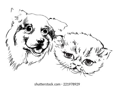 Happy Cat and dog sketch vector isolates.