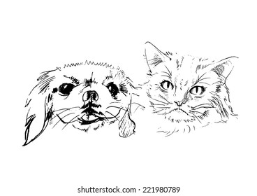 Happy Cat and dog sketch vector isolates.